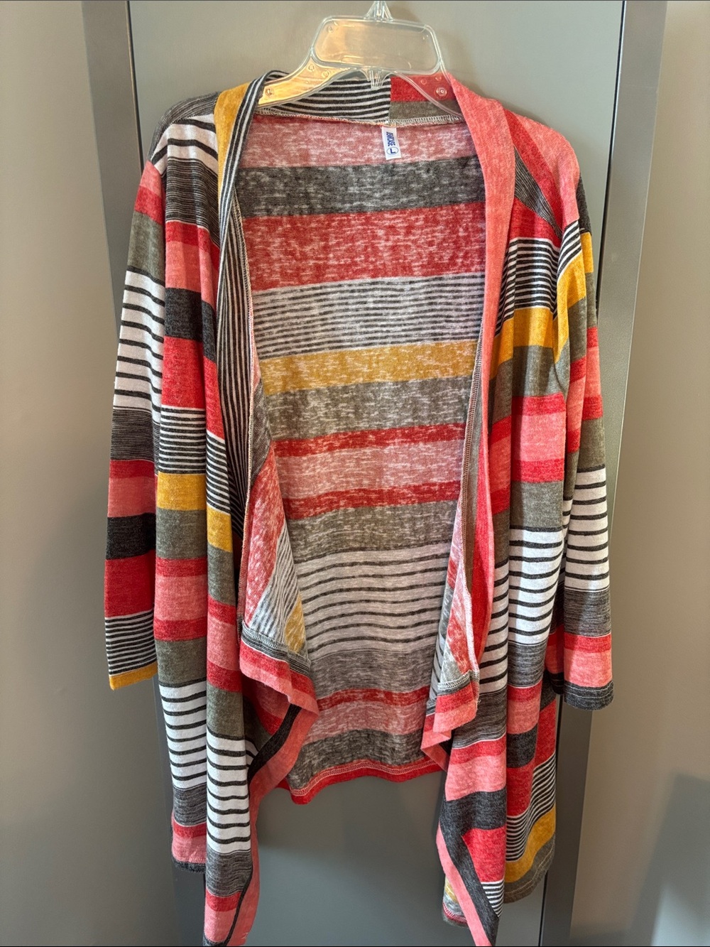 Open-Front Striped Draped Cardigan - Coral, Gray & Mustard Womens size large
